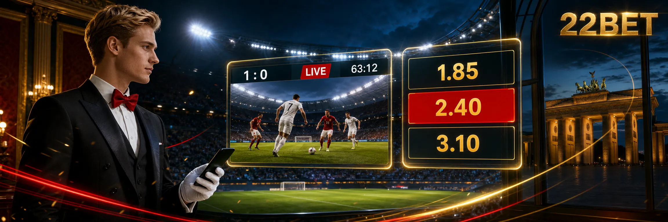 Live-Wetten bei 22Bet mit Fußballstadion, Quotenfeld und Live-Stream